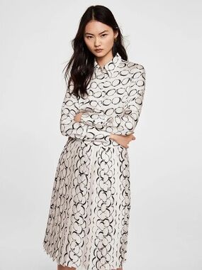 MANGO Cream and Black Printed Button-Up Dress.  Beautiful pleated dress.